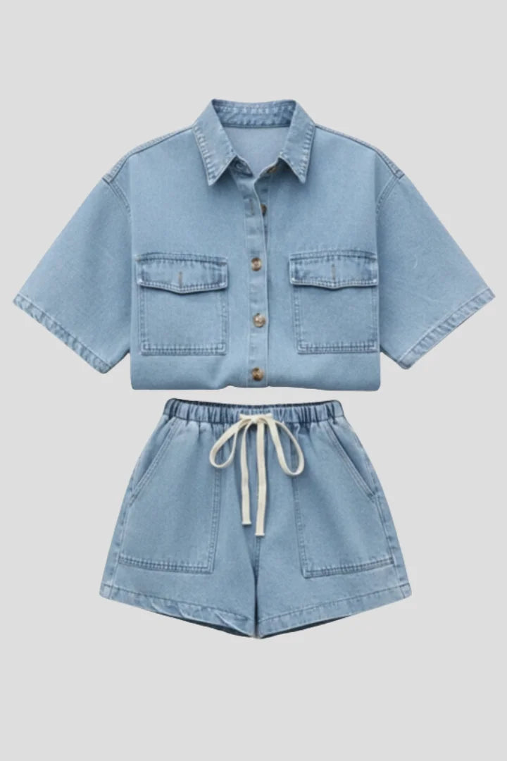 Women's Denim Short-Sleeve Collared Shirt & Drawstring Shorts Set Casual