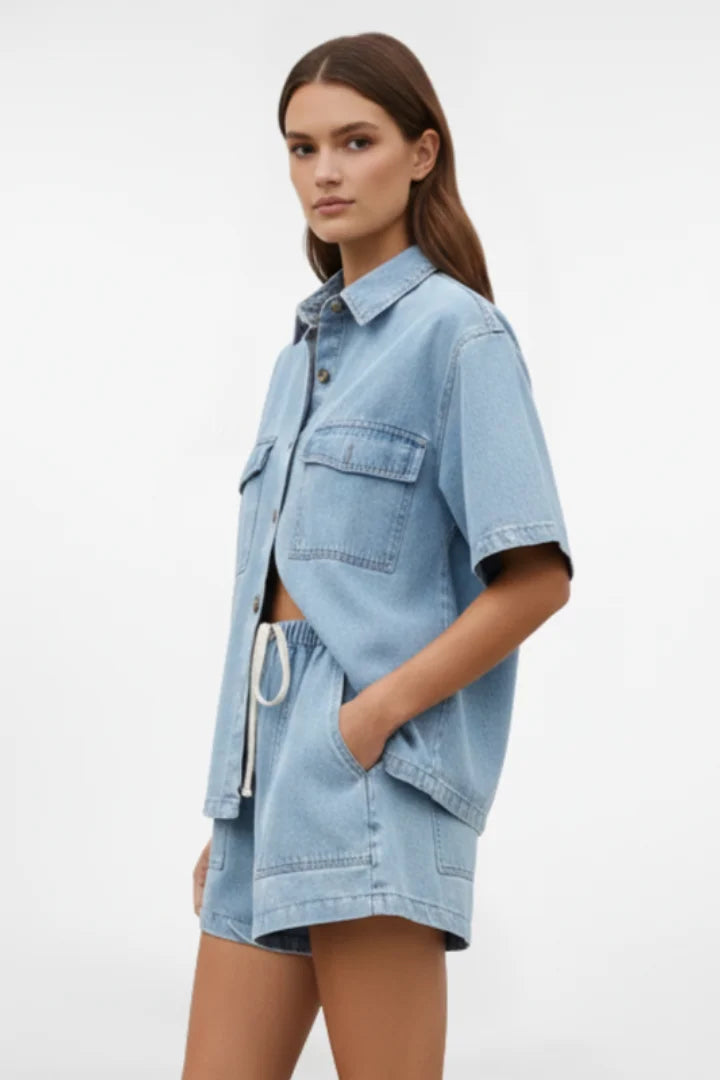 Women's Denim Short-Sleeve Collared Shirt & Drawstring Shorts Set Casual