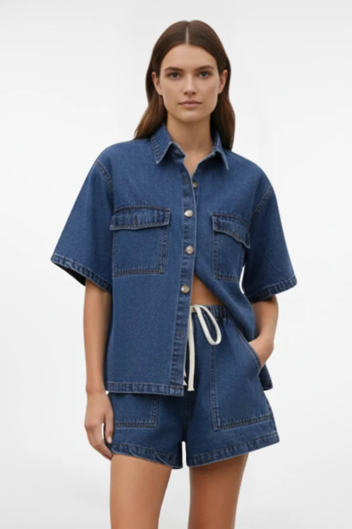 Women's Denim Short-Sleeve Collared Shirt & Drawstring Shorts Set Casual