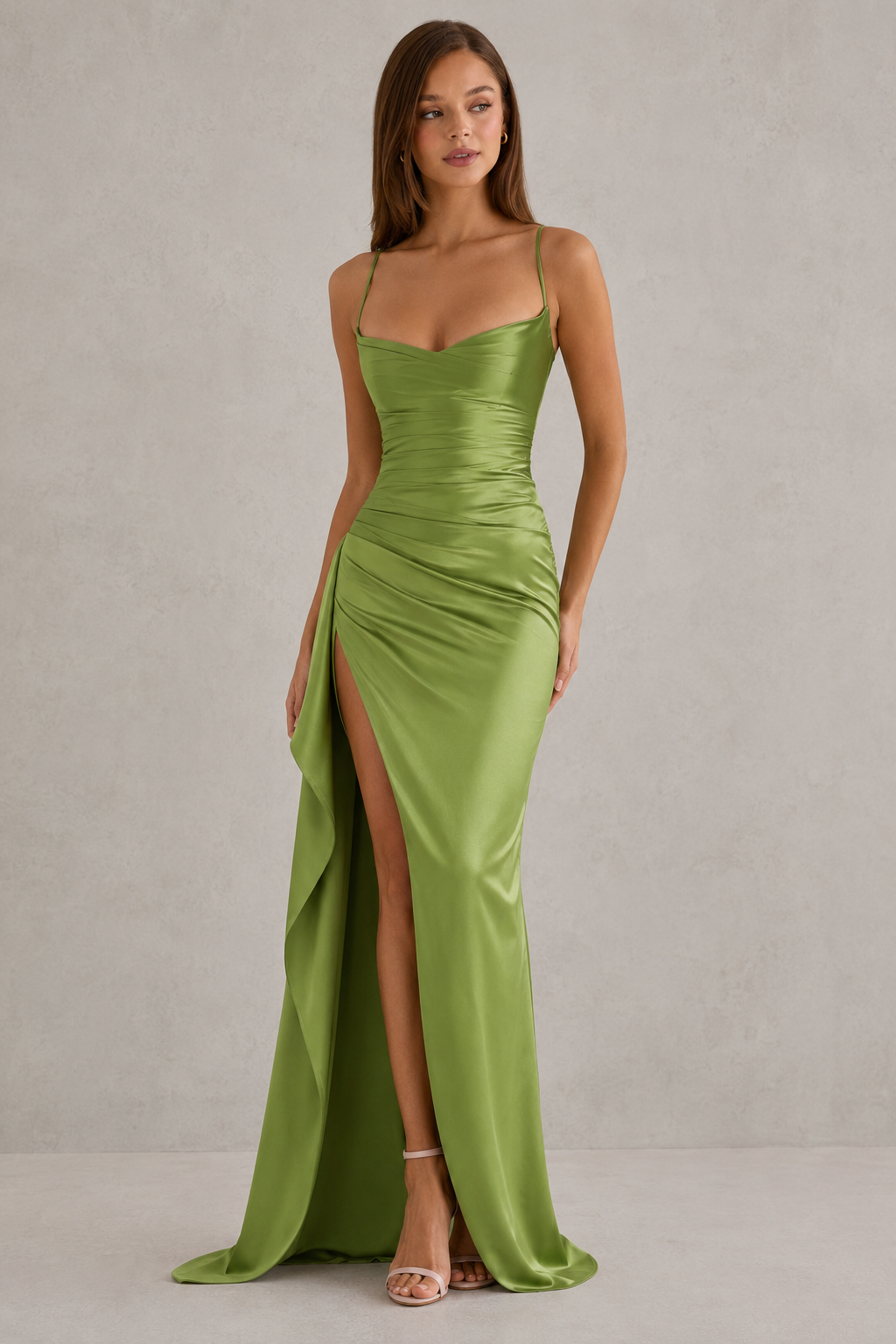 Women's Satin Maxi Dress Cowl Neck High Slit Ruched Evening Formal