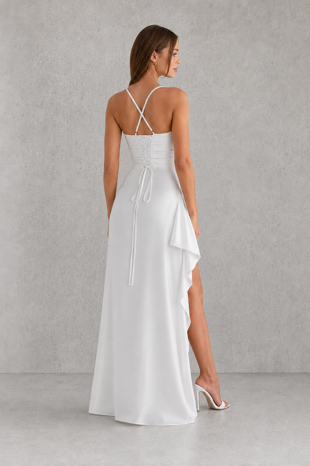 Women's Satin Maxi Dress Cowl Neck High Slit Ruched Evening Formal