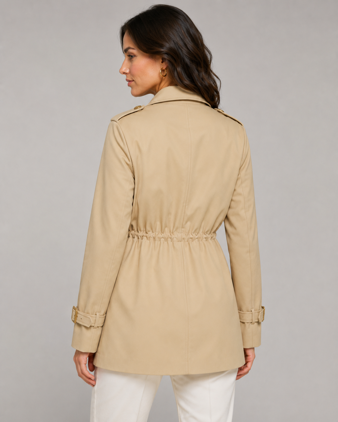 Women's Short Trench Coat Double-Breasted Drawstring Waist Belted Cuffs Lapel