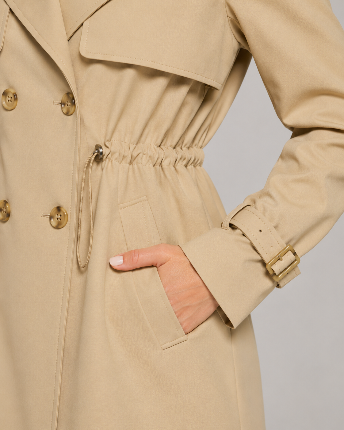 Women's Short Trench Coat Double-Breasted Drawstring Waist Belted Cuffs Lapel