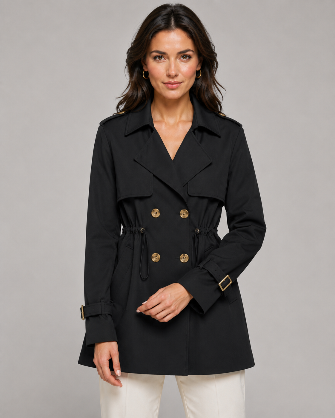Women's Short Trench Coat Double-Breasted Drawstring Waist Belted Cuffs Lapel