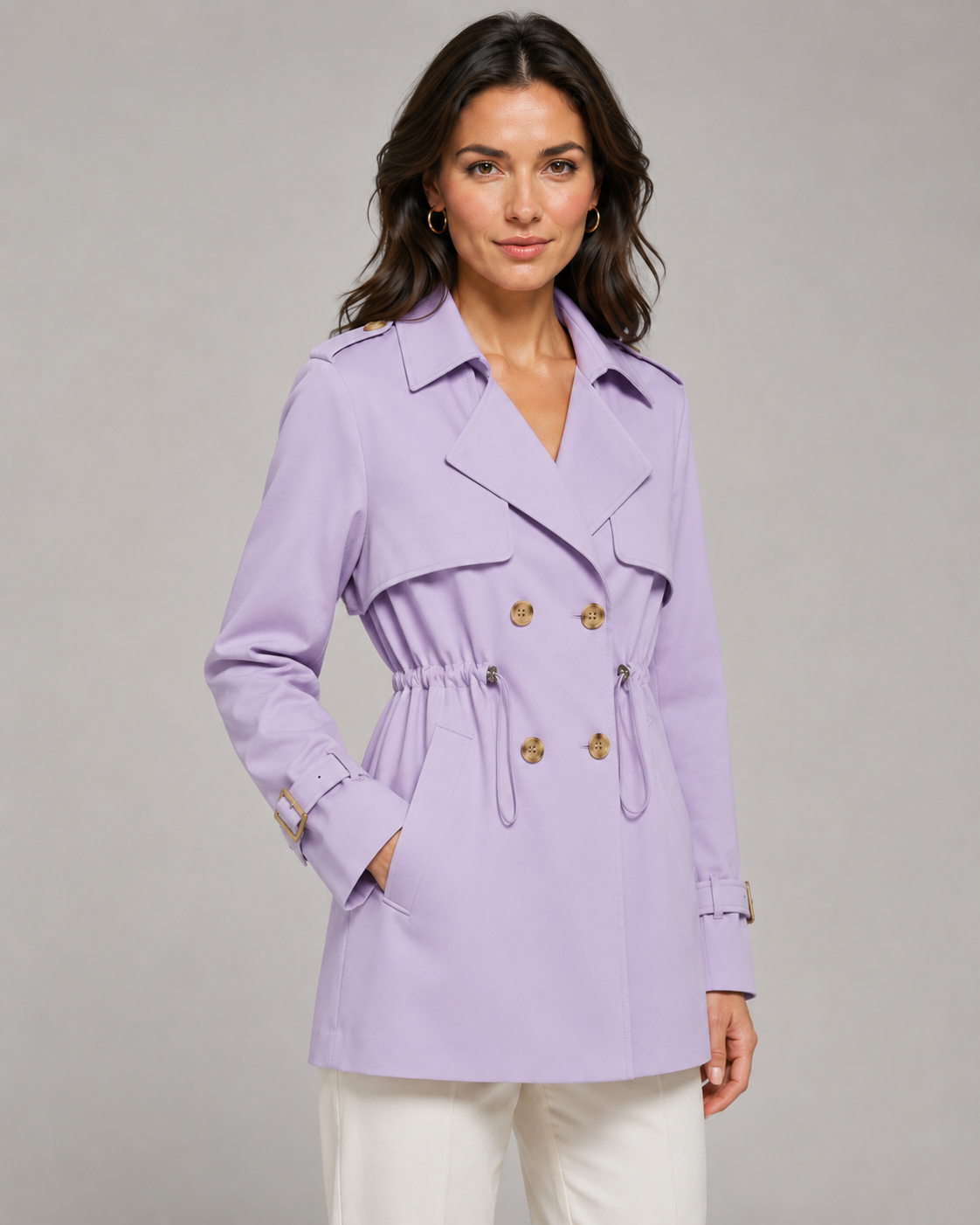 Women's Short Trench Coat Double-Breasted Drawstring Waist Belted Cuffs Lapel