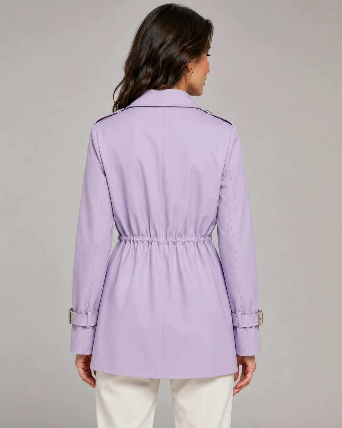 Women's Short Trench Coat Double-Breasted Drawstring Waist Belted Cuffs Lapel