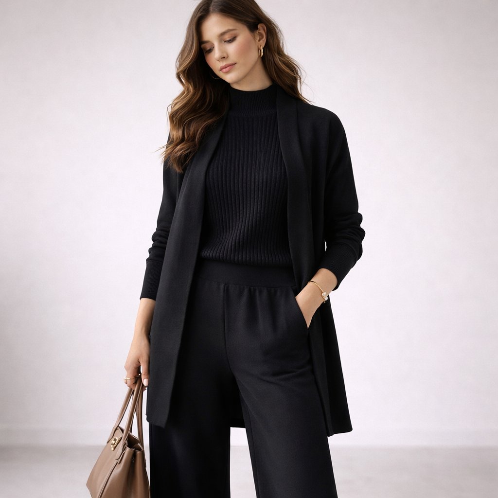 Women's 3-Piece Knit Lounge Set Mock Neck Ribbed Top Wide Leg Pants Cardigan