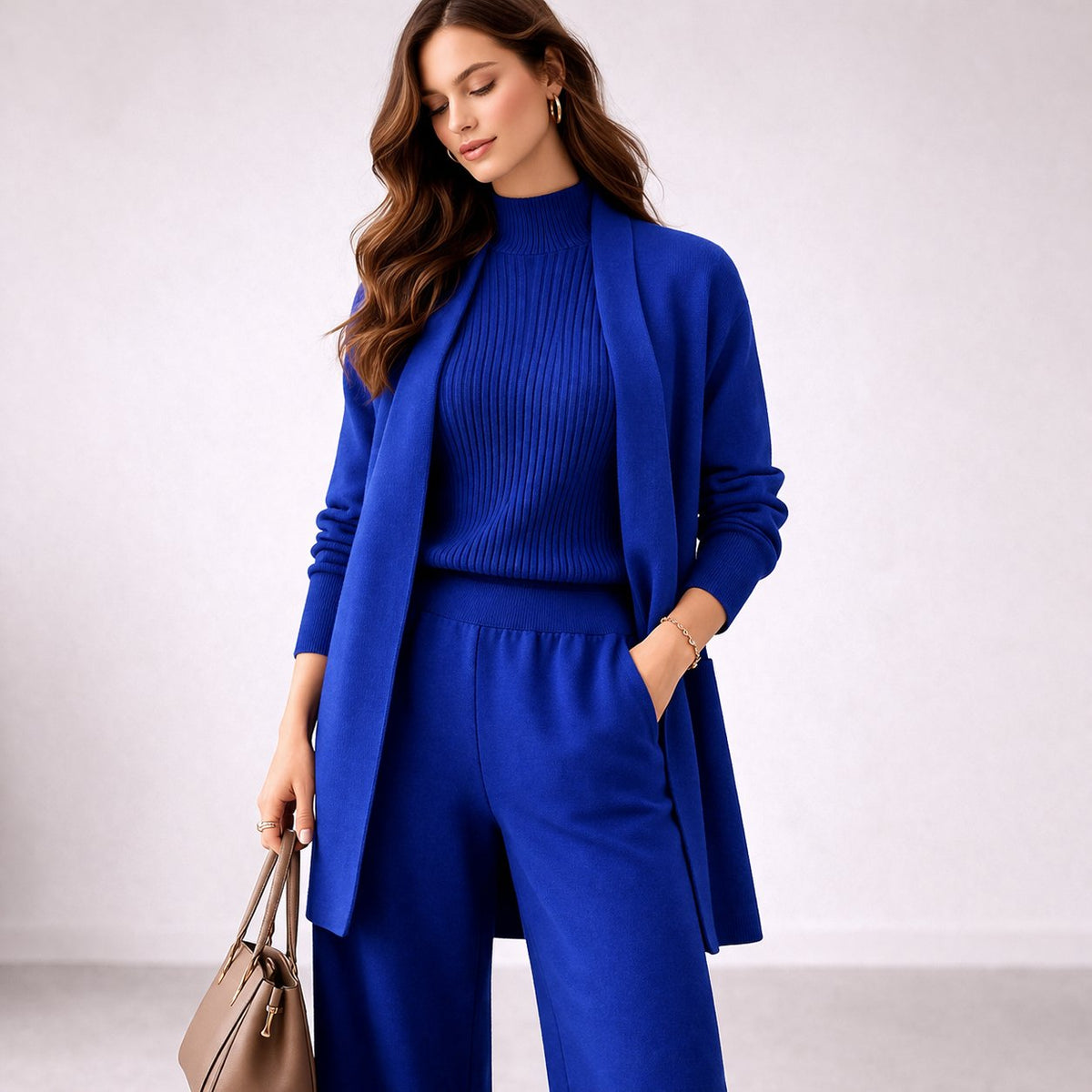 Women's 3-Piece Knit Lounge Set Mock Neck Ribbed Top Wide Leg Pants Cardigan
