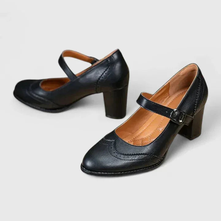Women's Brogue Mary Jane Block Heel Pumps Buckle Strap Faux Leather