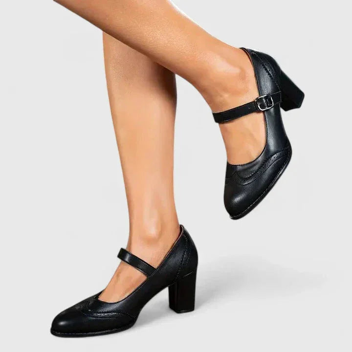 Women's Brogue Mary Jane Block Heel Pumps Buckle Strap Faux Leather