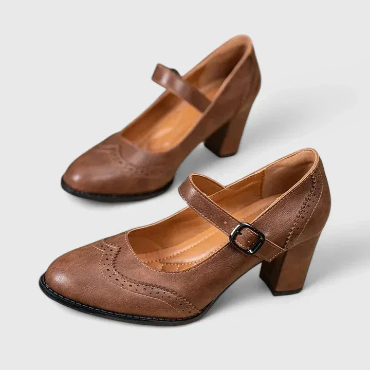 Women's Brogue Mary Jane Block Heel Pumps Buckle Strap Faux Leather