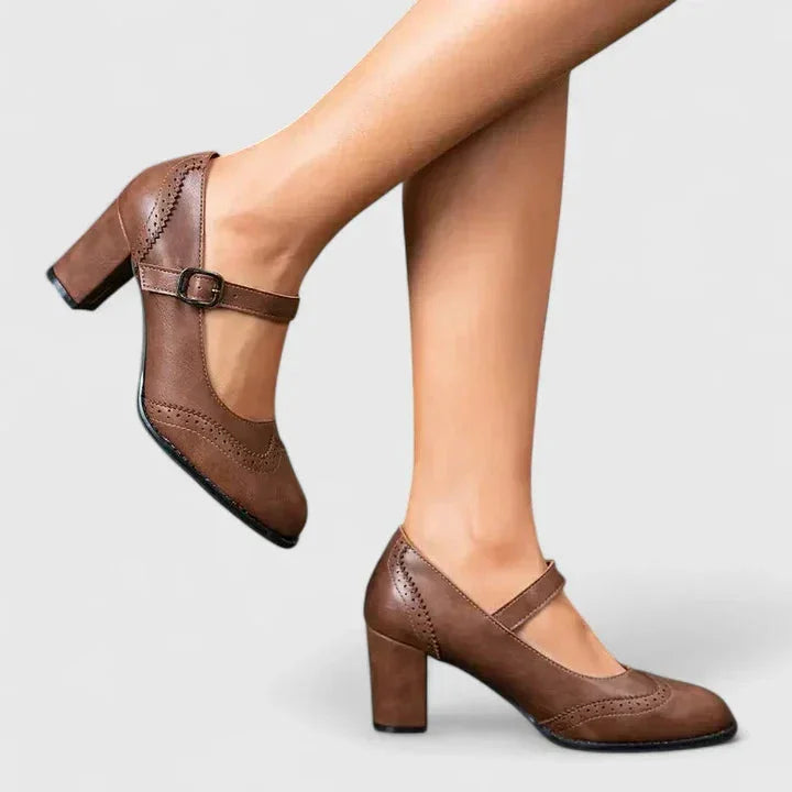 Women's Brogue Mary Jane Block Heel Pumps Buckle Strap Faux Leather