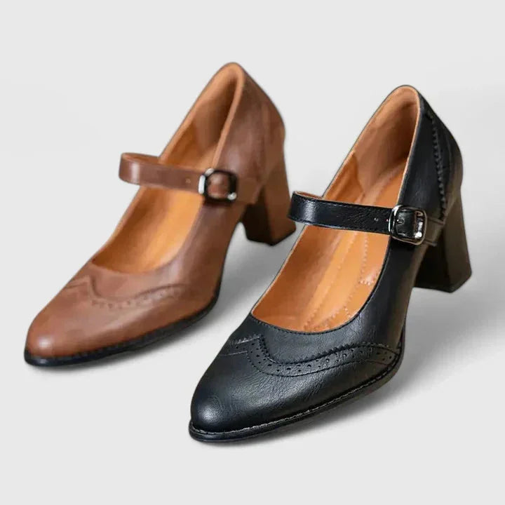 Women's Brogue Mary Jane Block Heel Pumps Buckle Strap Faux Leather