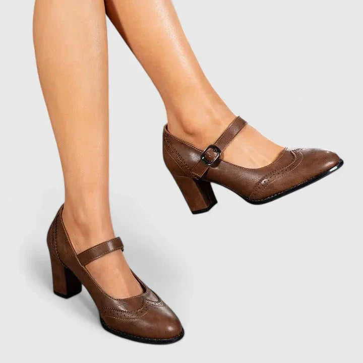Women's Brogue Mary Jane Block Heel Pumps Buckle Strap Faux Leather
