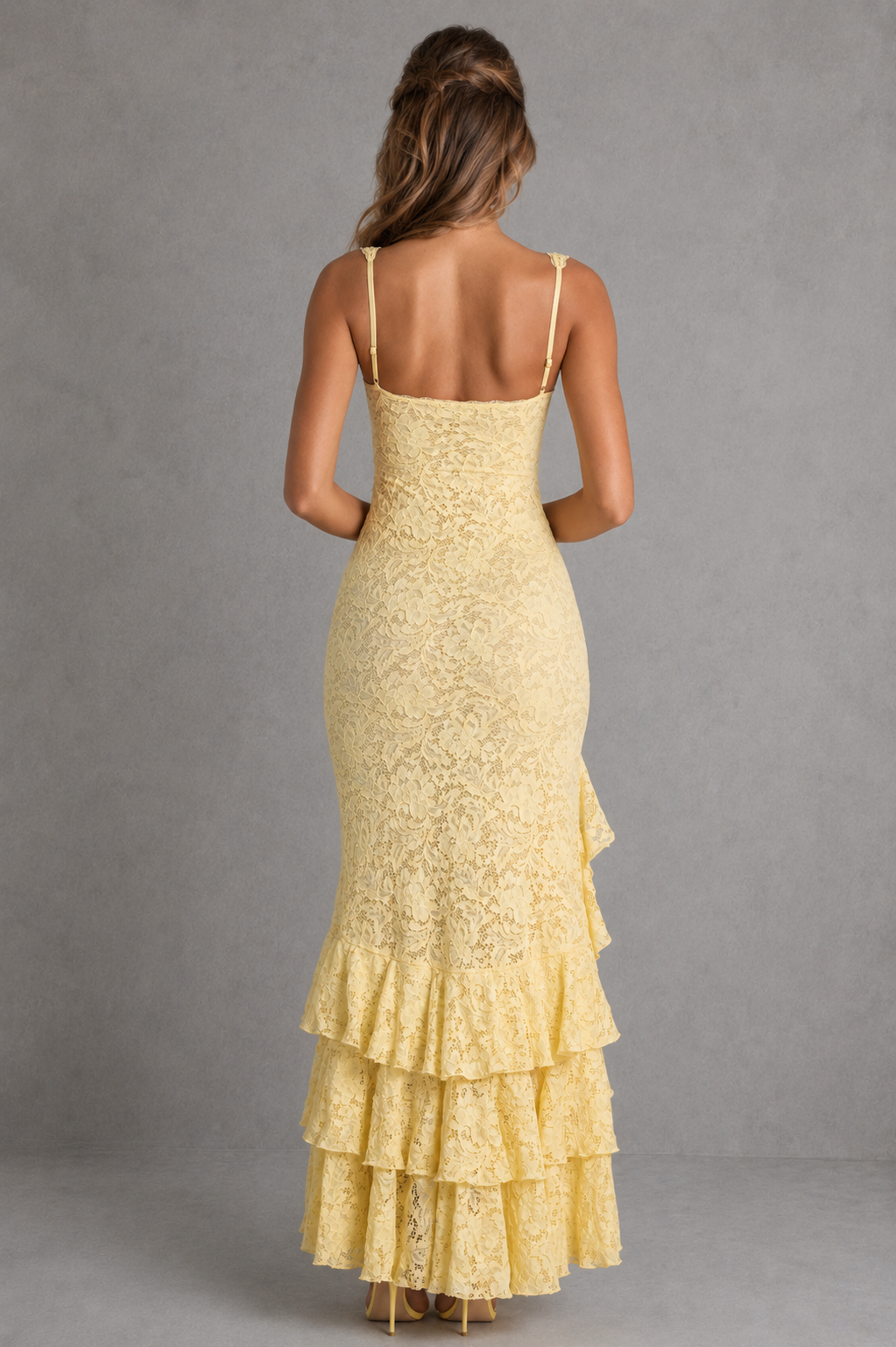 Women's Lace Maxi Dress High Split Ruffle Hem Square Neck Formal Evening Gown