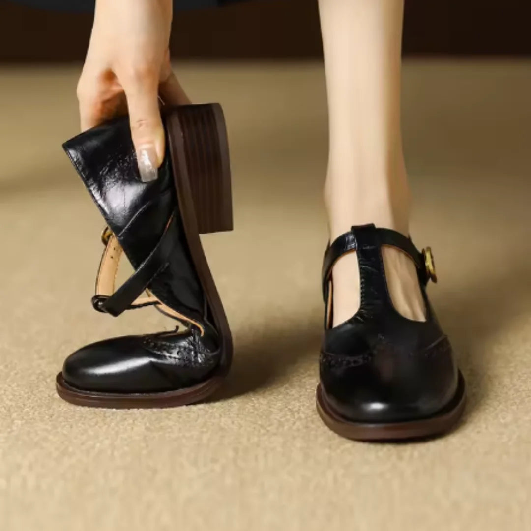 Women's Brogue Mary Jane Shoes T-Strap Low Block Heel Leather Casual