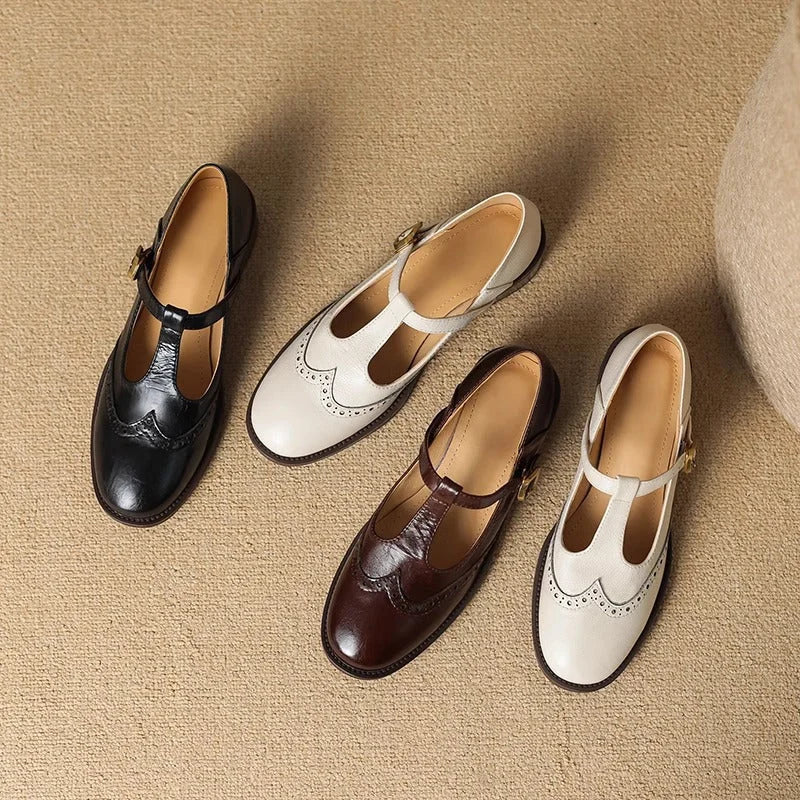 Women's Brogue Mary Jane Shoes T-Strap Low Block Heel Leather Casual