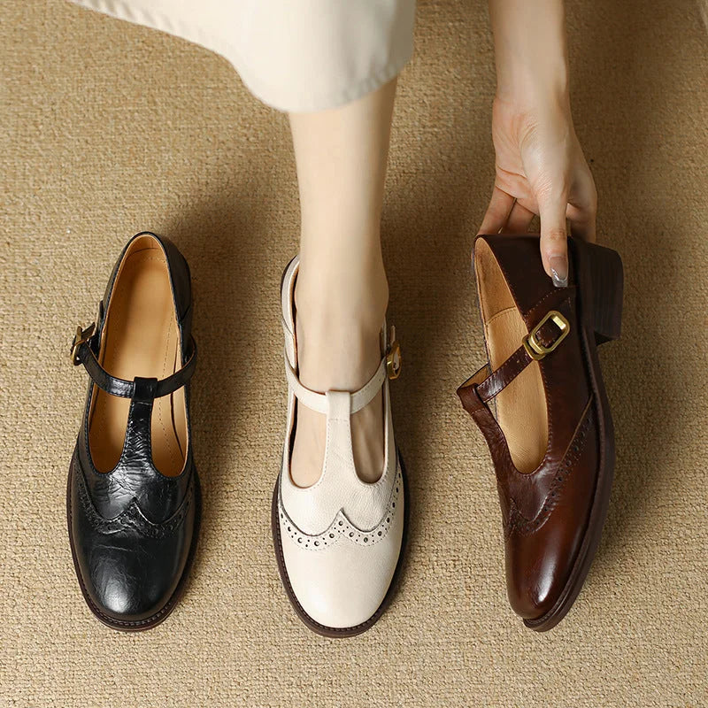 Women's Brogue Mary Jane Shoes T-Strap Low Block Heel Leather Casual
