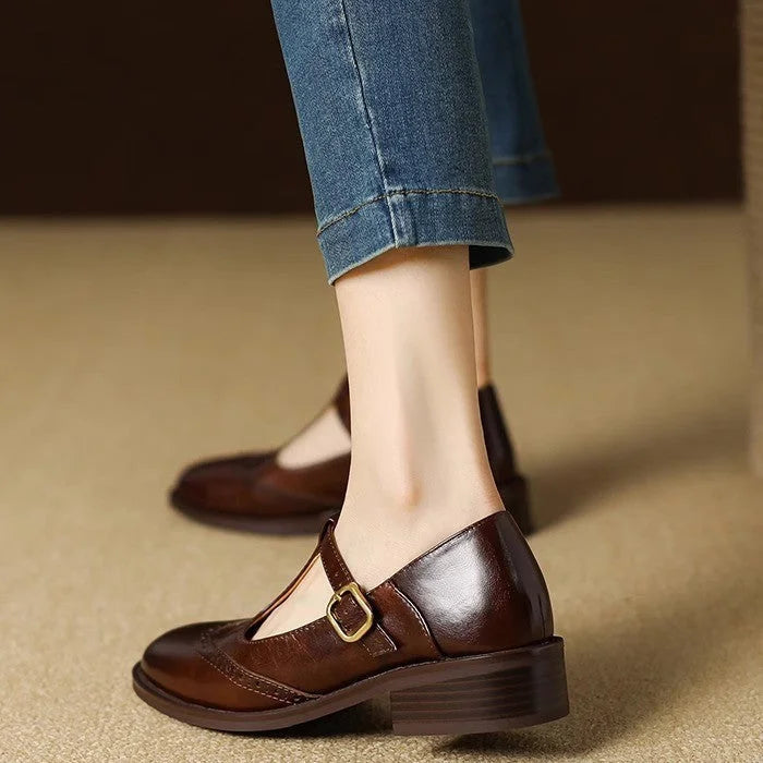 Women's Brogue Mary Jane Shoes T-Strap Low Block Heel Leather Casual