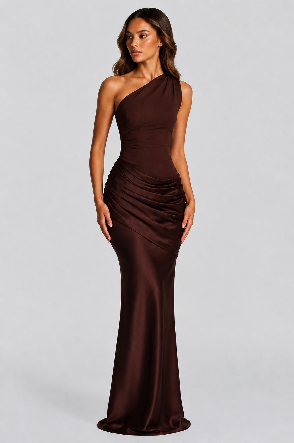 Women's One Shoulder Satin Maxi Dress Ruched Waist Formal Evening Gown