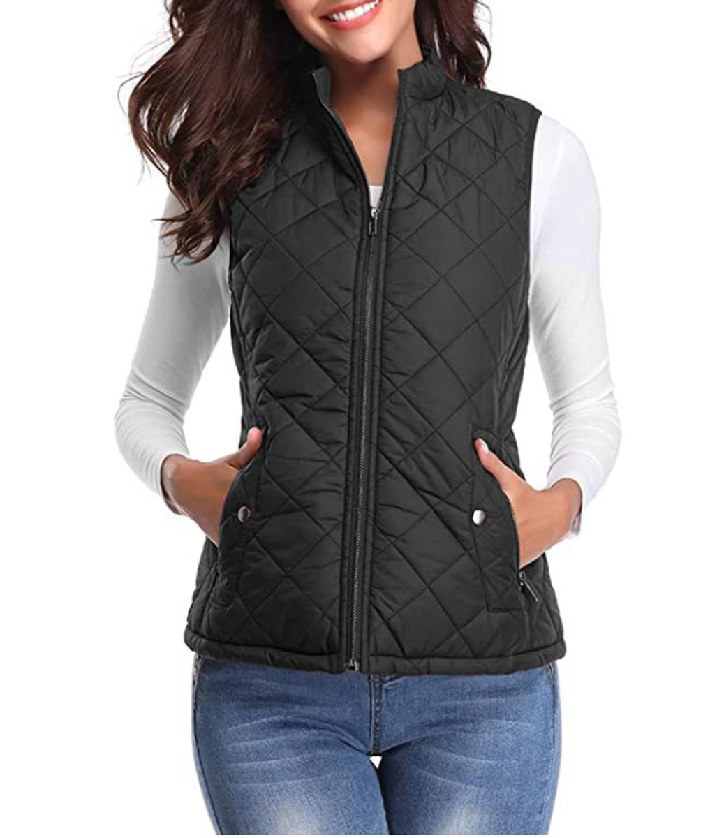 Women's Quilted Vest Sleeveless Stand Collar Zip-Up Padded Gilet Casual Outerwear
