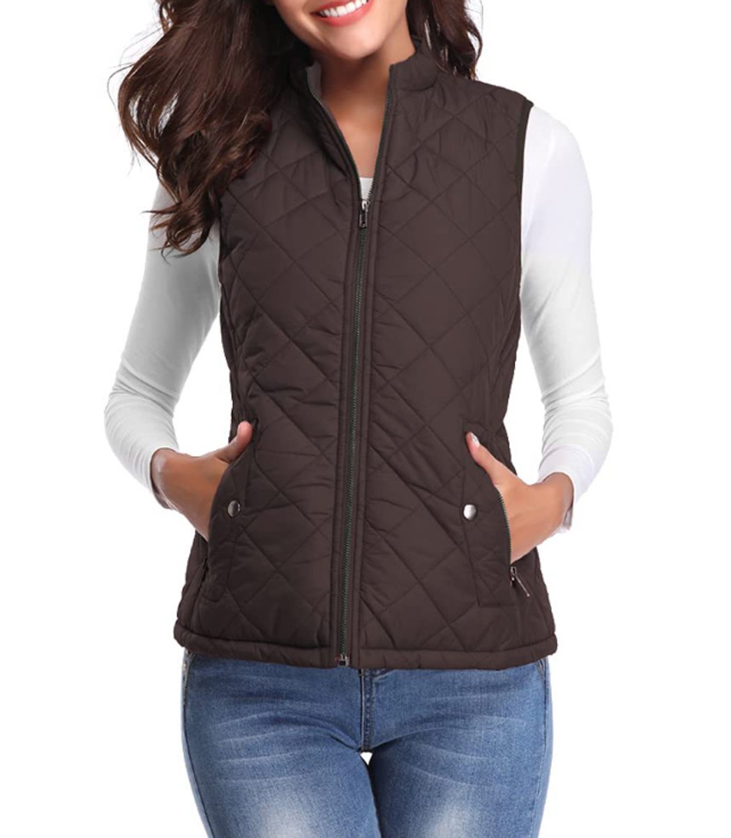 Women's Quilted Vest Sleeveless Stand Collar Zip-Up Padded Gilet Casual Outerwear