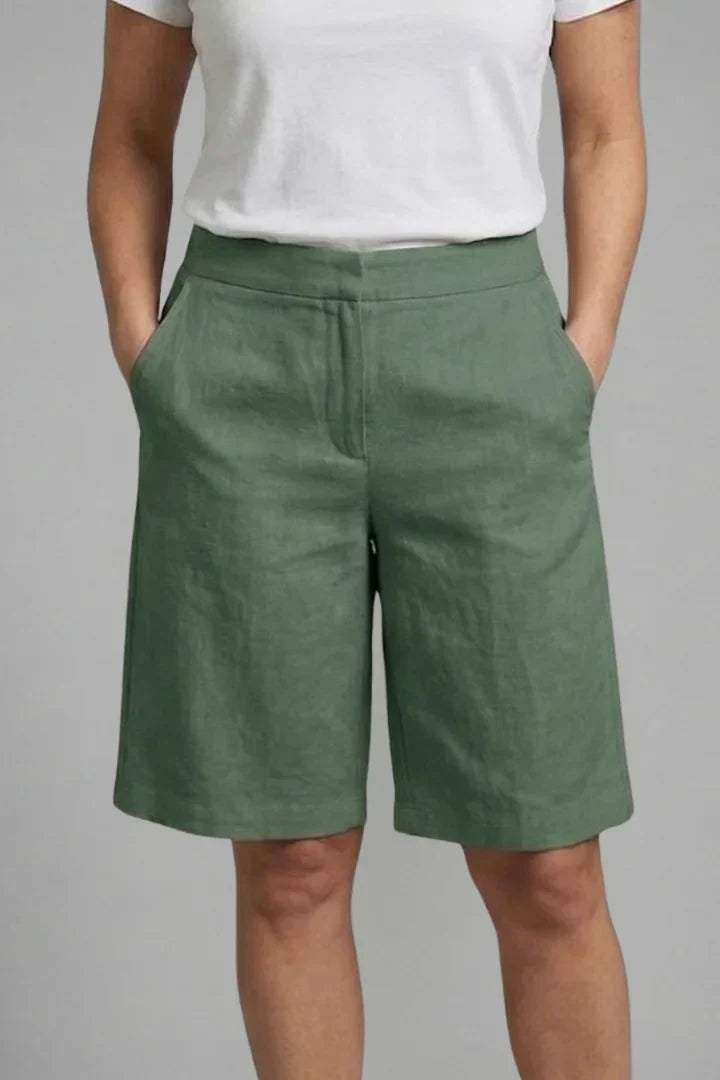 Women's Linen High-Waisted Knee-Length Shorts Side Pockets Casual