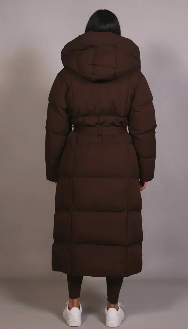 Women's Long Padded Puffer Coat Hooded Belted Quilted Winter Outerwear