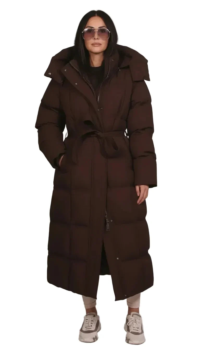 Women's Long Padded Puffer Coat Hooded Belted Quilted Winter Outerwear