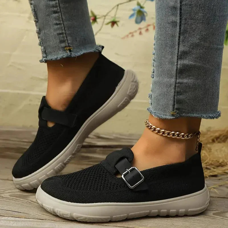 Women's Mesh Knit Mary Jane Sneakers Adjustable Buckle Slip-On Breathable Casual