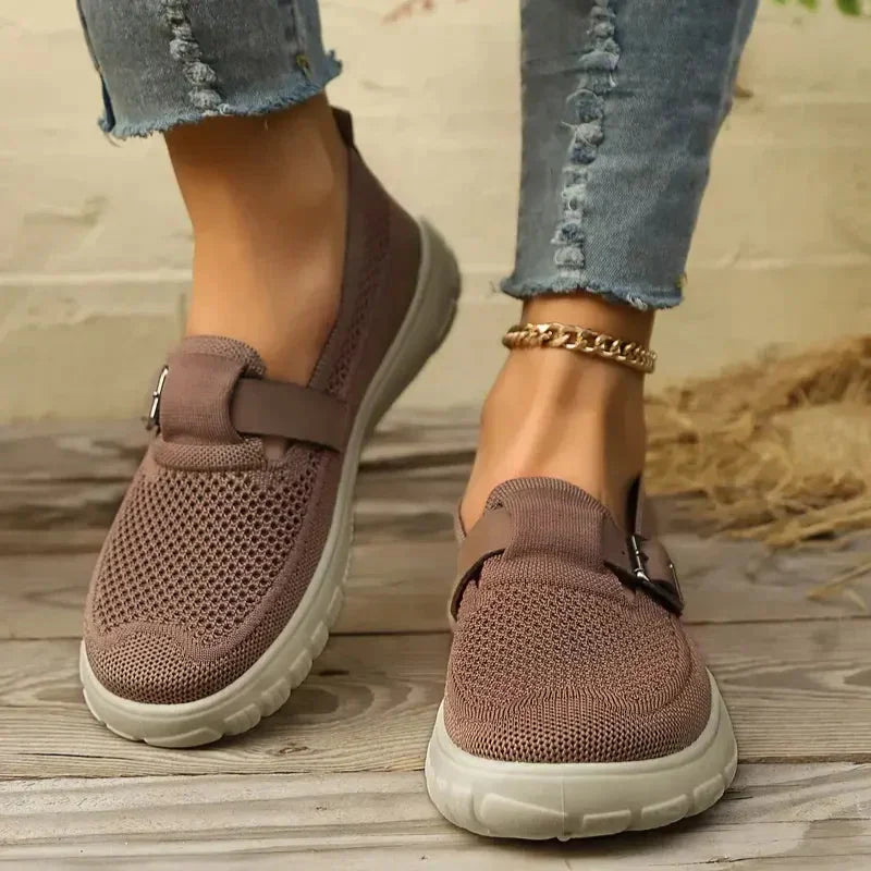 Women's Mesh Knit Mary Jane Sneakers Adjustable Buckle Slip-On Breathable Casual