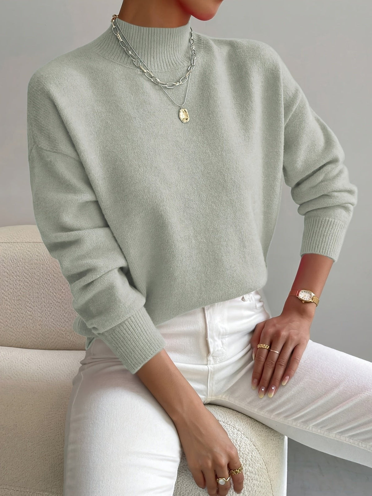 Women's Mock Turtleneck Sweater Relaxed Fit Ribbed Cuffs Long Sleeve Knit Top