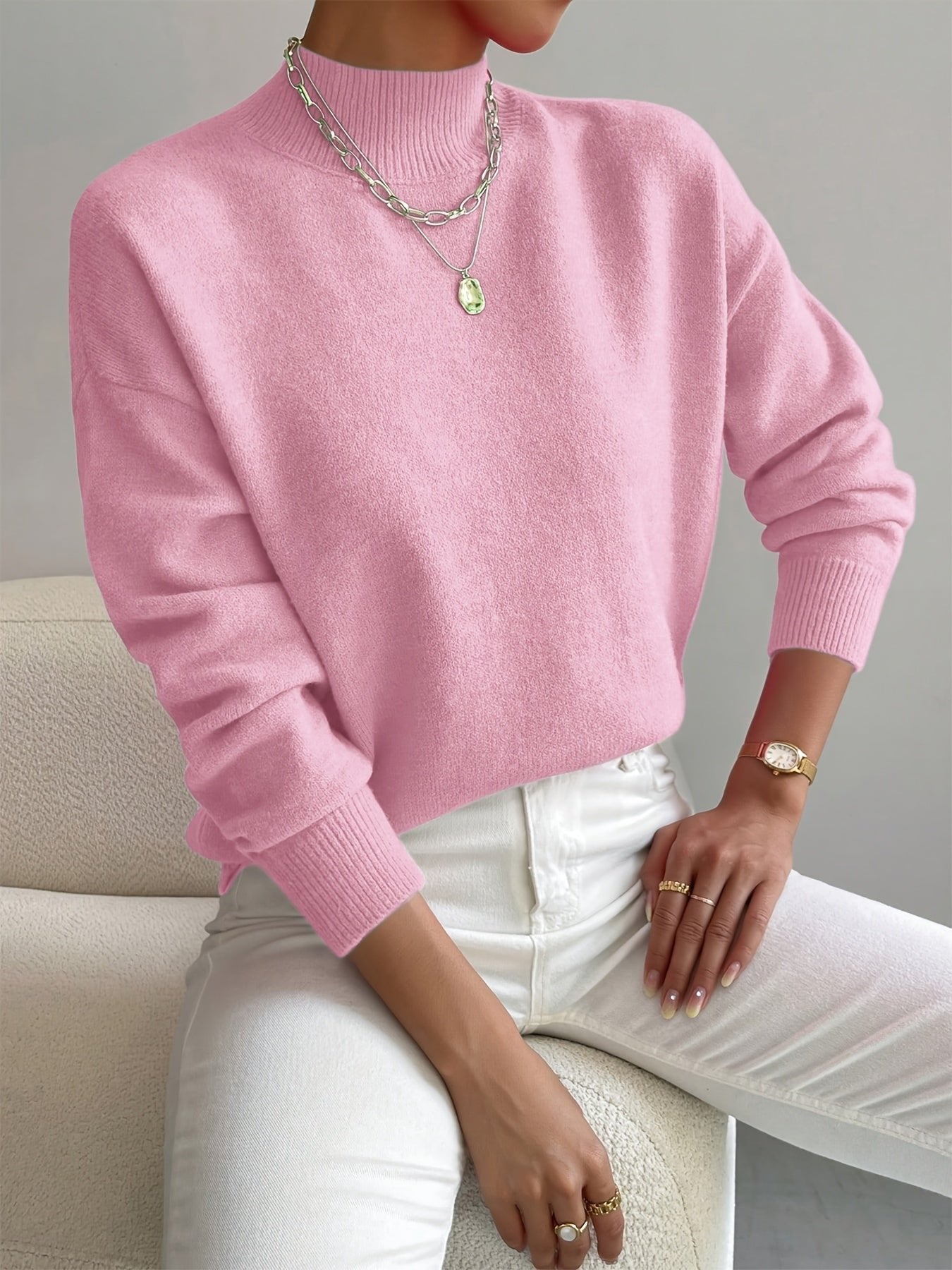 Women's Mock Turtleneck Sweater Relaxed Fit Ribbed Cuffs Long Sleeve Knit Top