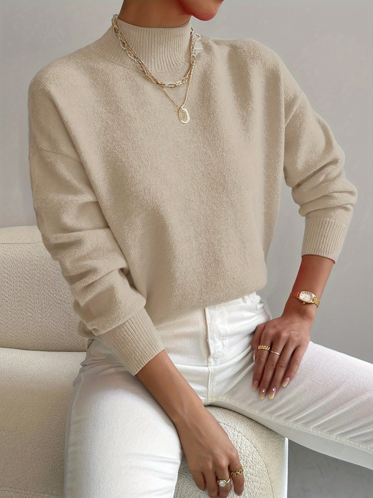 Women's Mock Turtleneck Sweater Relaxed Fit Ribbed Cuffs Long Sleeve Knit Top