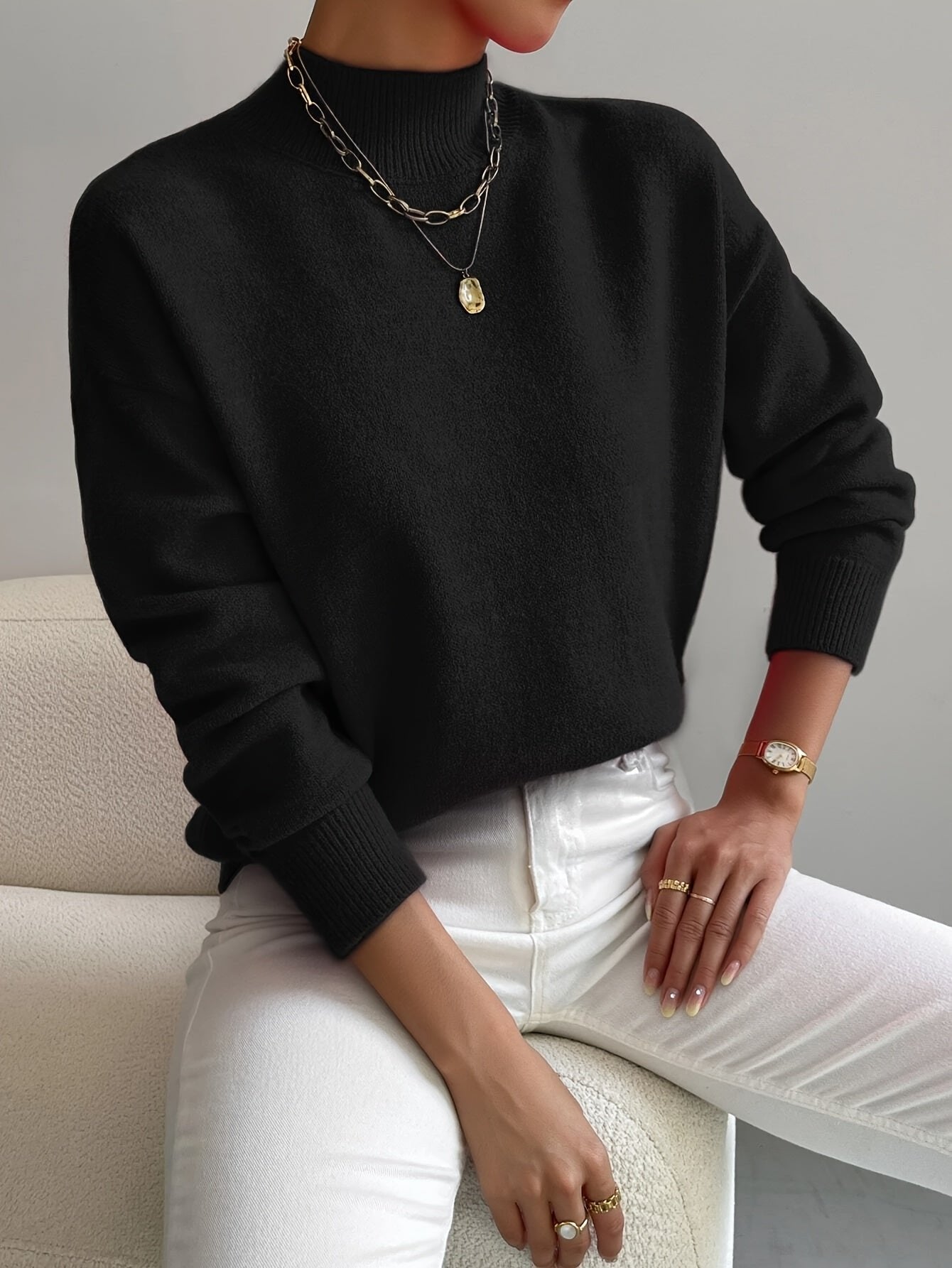 Women's Mock Turtleneck Sweater Relaxed Fit Ribbed Cuffs Long Sleeve Knit Top