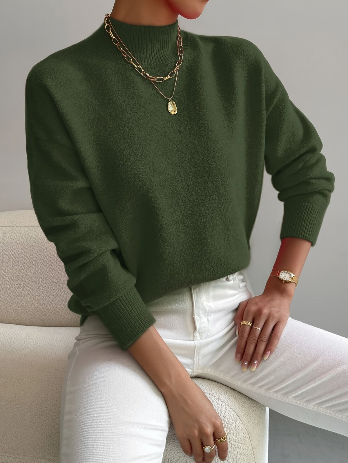 Women's Mock Turtleneck Sweater Relaxed Fit Ribbed Cuffs Long Sleeve Knit Top