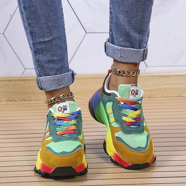 Women's Orthopedic Sneakers Rainbow Lace-Up Lightweight Platform Trainers