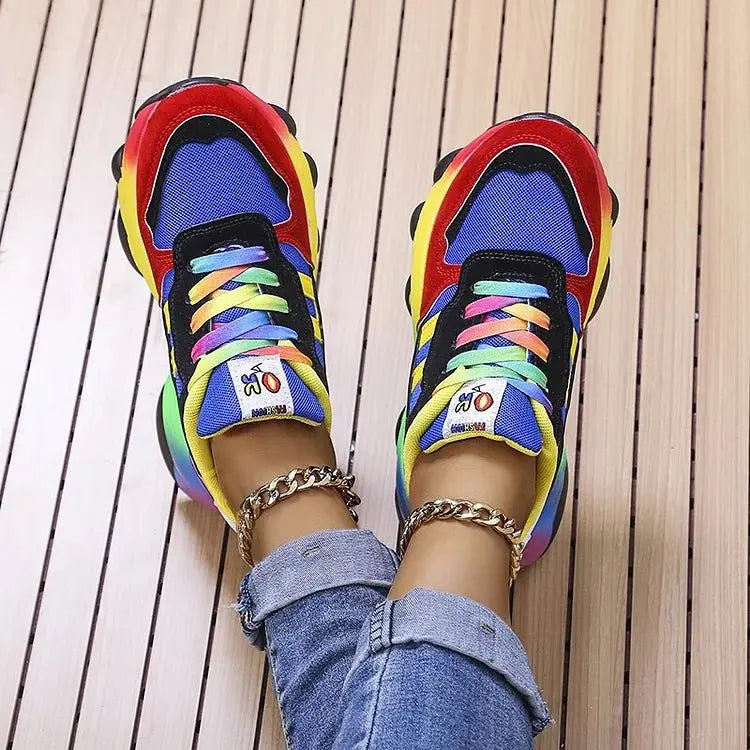 Women's Orthopedic Sneakers Rainbow Lace-Up Lightweight Platform Trainers