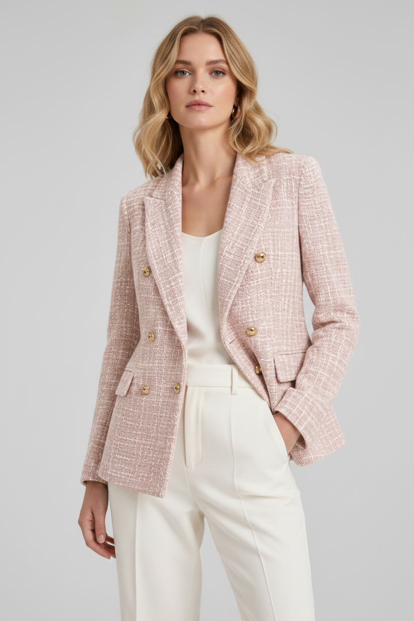 Women's Tweed Blazer Double Breasted Peak Lapel Long Sleeve Casual Jacket Pink