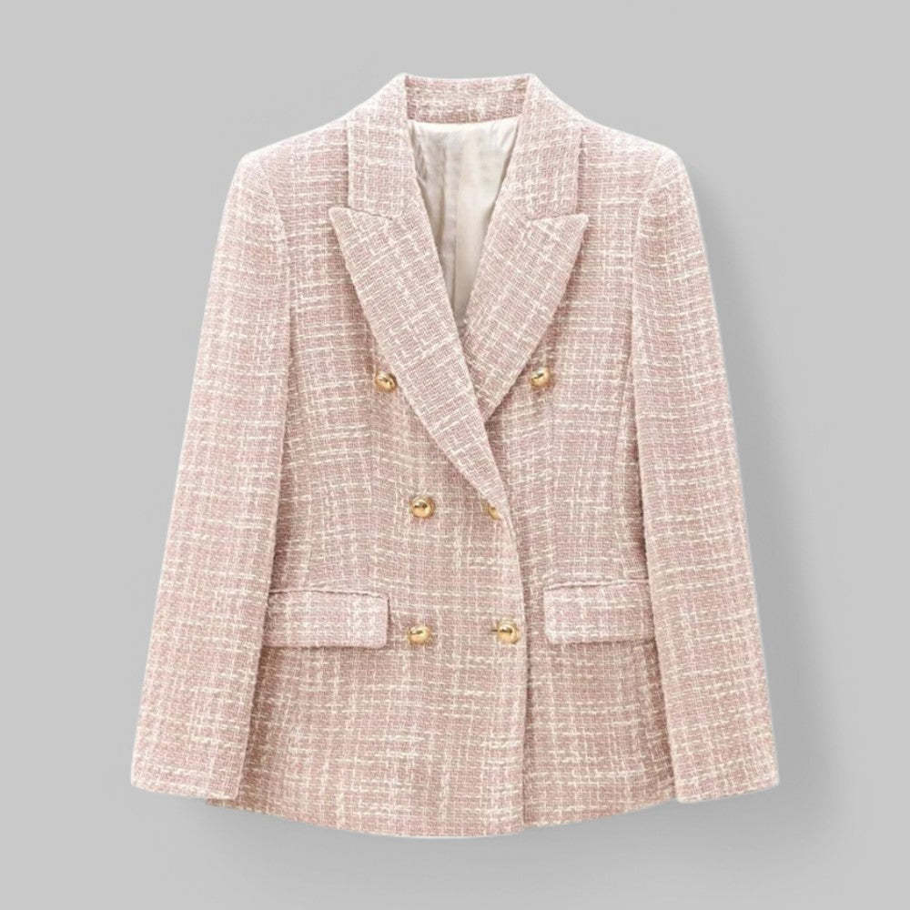 Women's Tweed Blazer Double Breasted Peak Lapel Long Sleeve Casual Jacket Pink