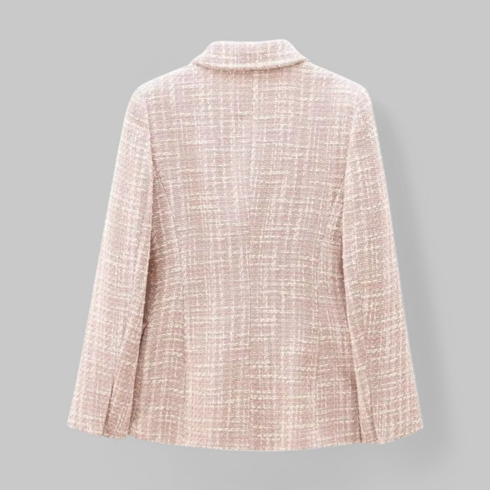 Women's Tweed Blazer Double Breasted Peak Lapel Long Sleeve Casual Jacket Pink