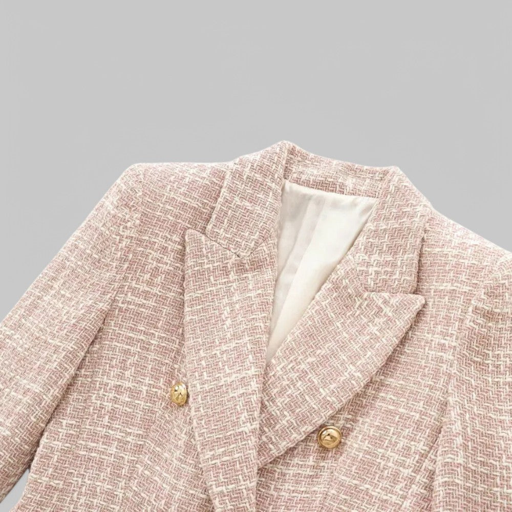 Women's Tweed Blazer Double Breasted Peak Lapel Long Sleeve Casual Jacket Pink