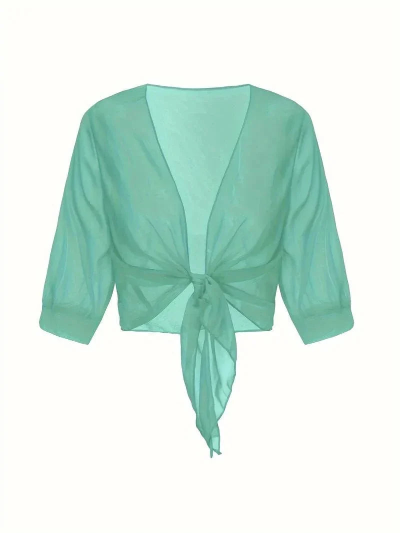 Women's Sheer Tie-Front Blouse 3/4 Sleeve Open Front Cardigan Shrug
