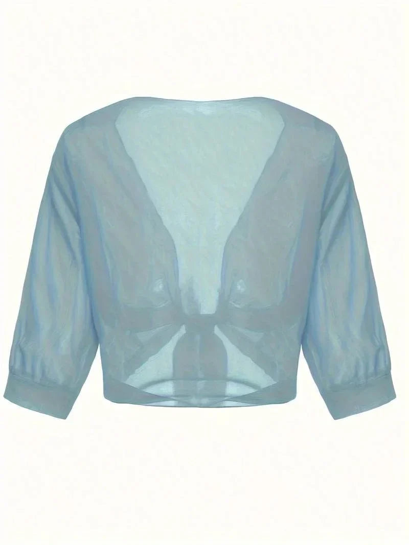Women's Sheer Tie-Front Blouse 3/4 Sleeve Open Front Cardigan Shrug