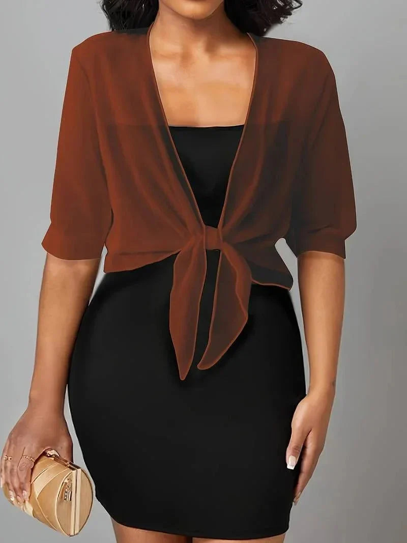 Women's Sheer Tie-Front Blouse 3/4 Sleeve Open Front Cardigan Shrug
