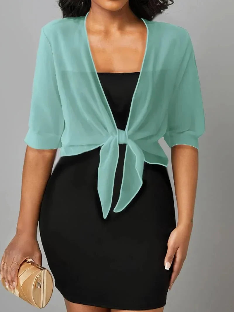 Women's Sheer Tie-Front Blouse 3/4 Sleeve Open Front Cardigan Shrug