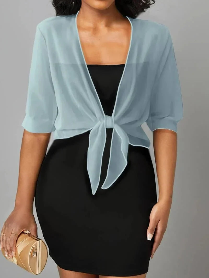 Women's Sheer Tie-Front Blouse 3/4 Sleeve Open Front Cardigan Shrug