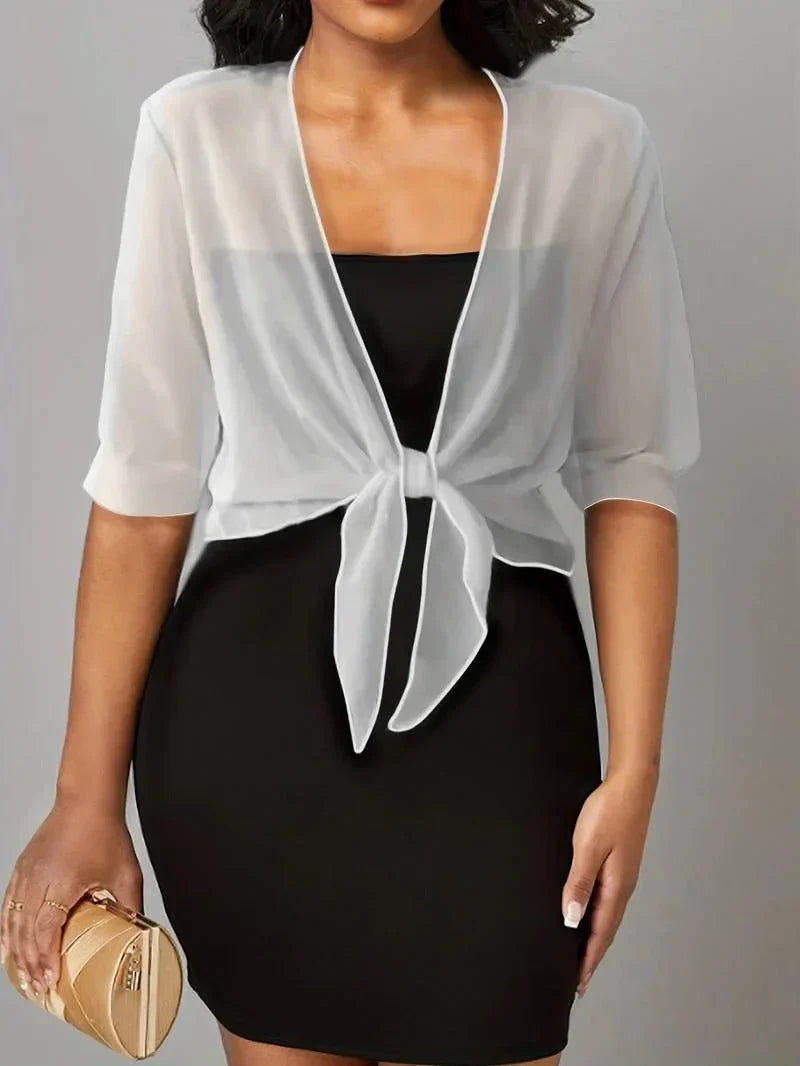 Women's Sheer Tie-Front Blouse 3/4 Sleeve Open Front Cardigan Shrug