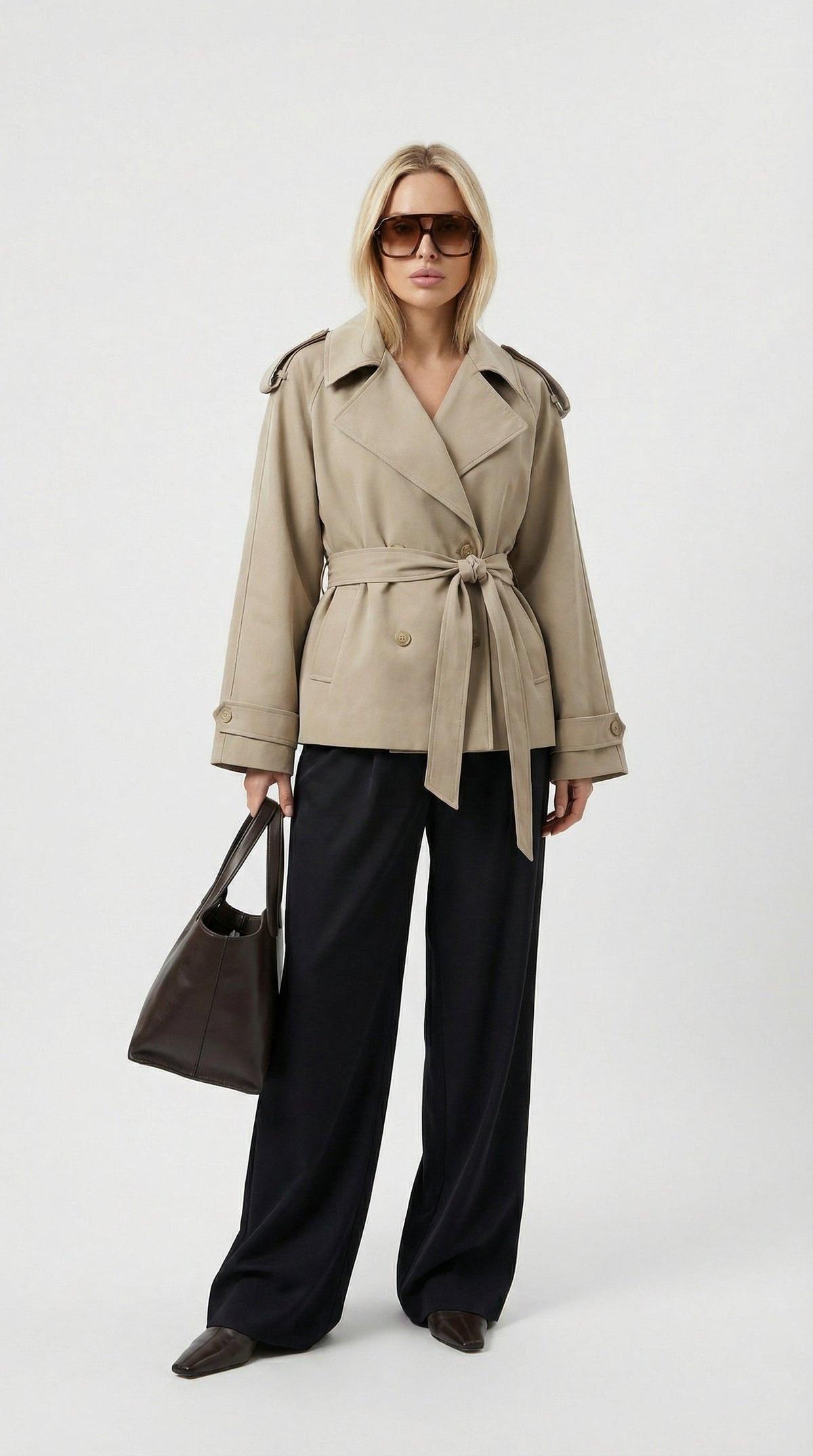 Women's Short Trench Coat Belted Double-Breasted Lapel Khaki Jacket