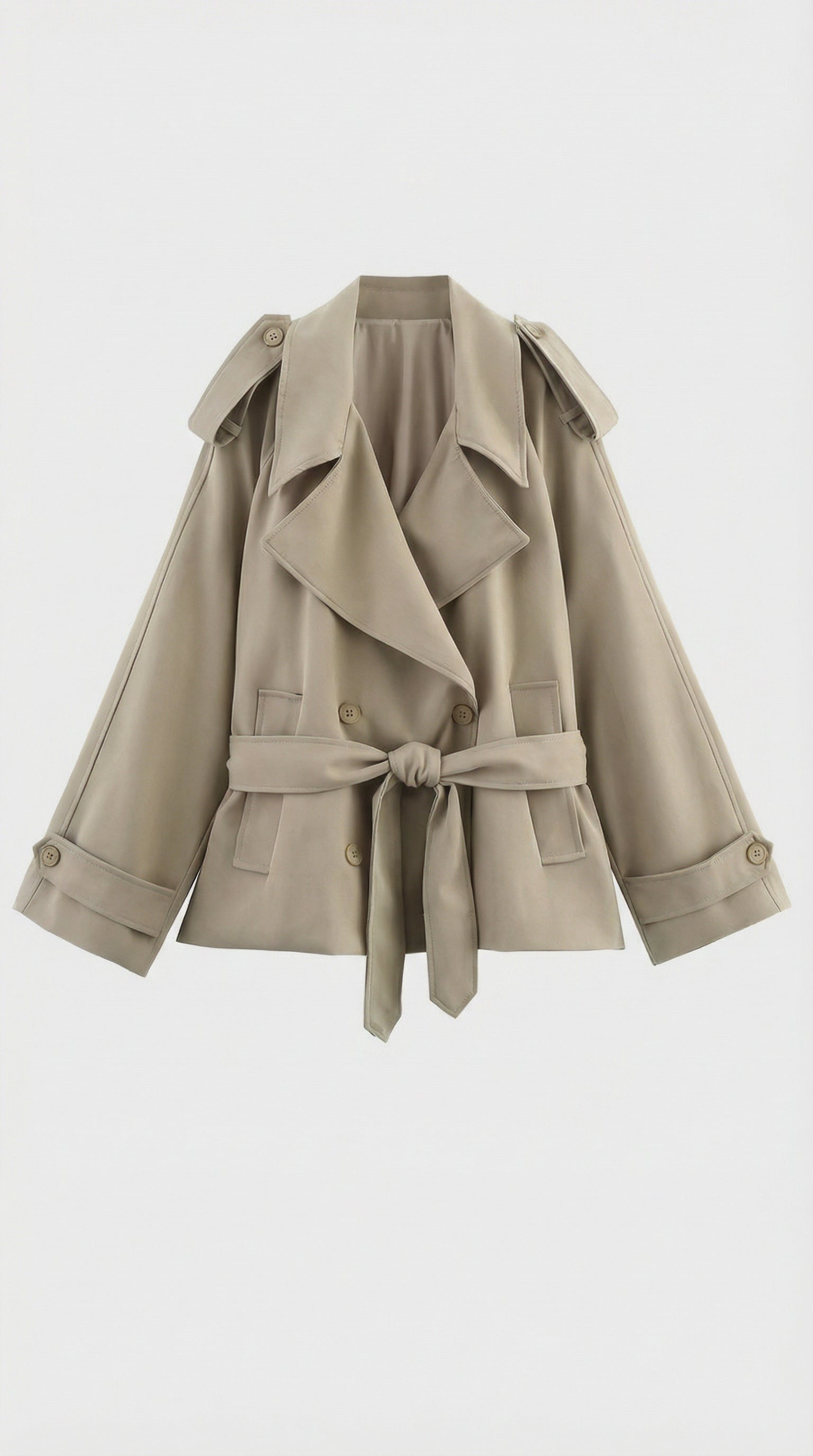 Women's Short Trench Coat Belted Double-Breasted Lapel Khaki Jacket